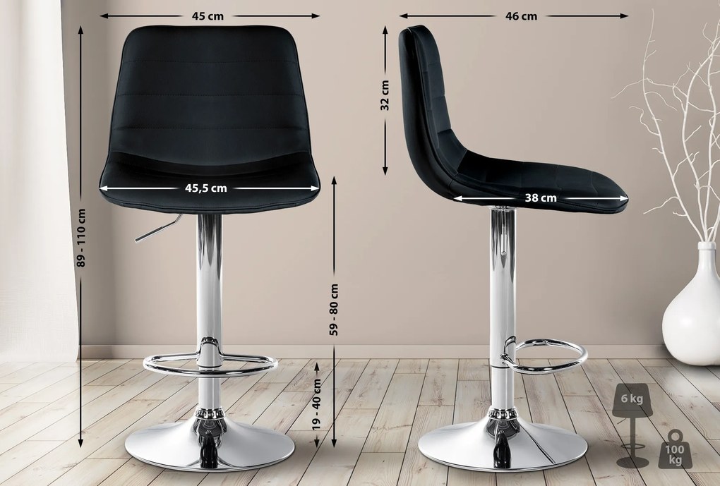 Banco de bar Lex em couro sintético e com estrutura cromada 45 x 89-110 x 46 cm Preto