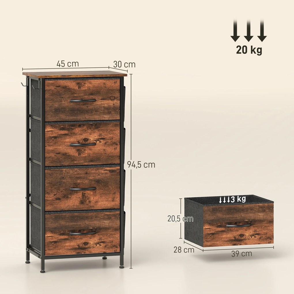 Cómoda de Quarto, 45 x 30 x 94,5 cm, 4 Gavetas em Tecido, Castanho Rústico