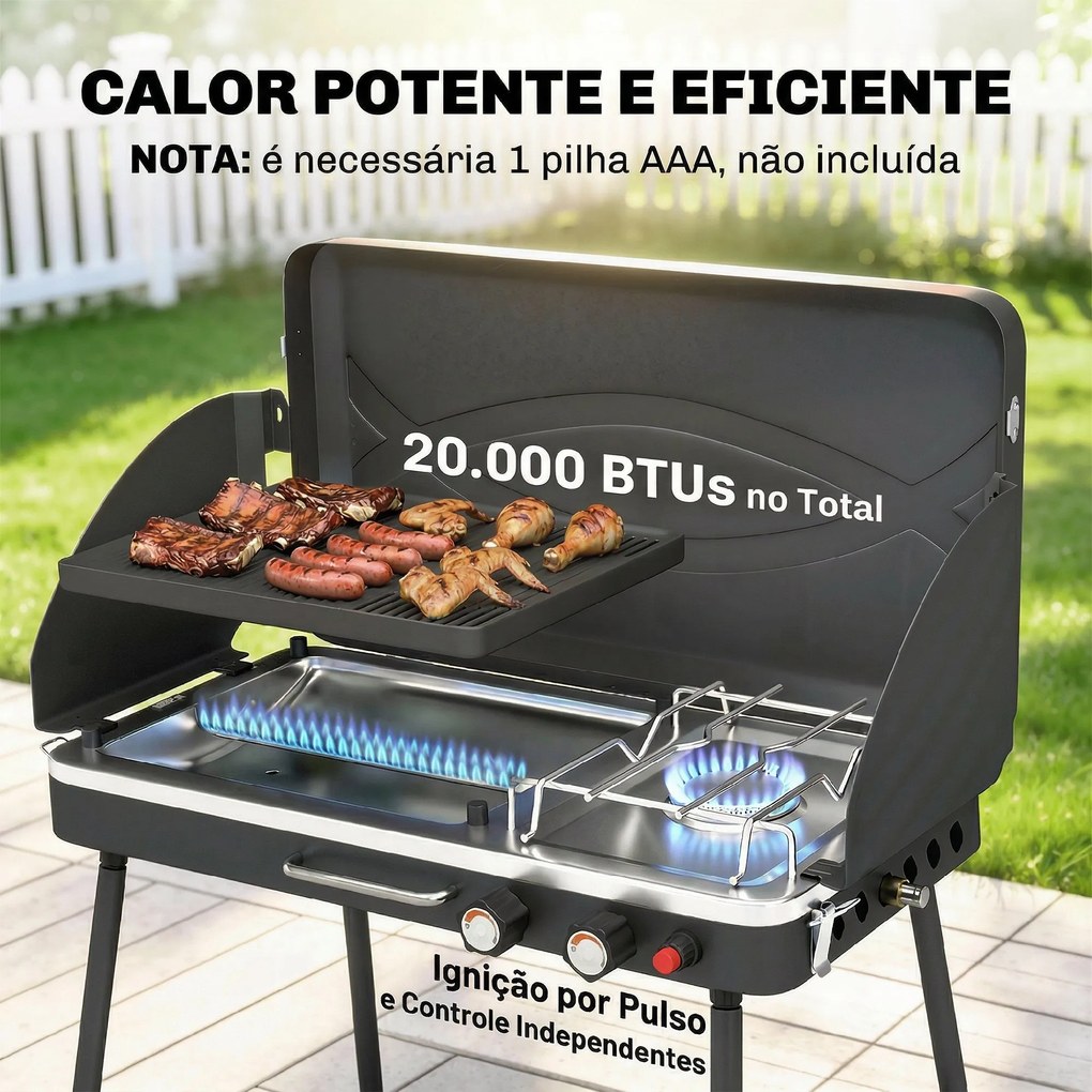 Grelhador a Gás Portátil 2 em 1 Barbecue a Gás Propano 20.000 BTU de Mesa ou de Pé 61x47x88 cm Preto