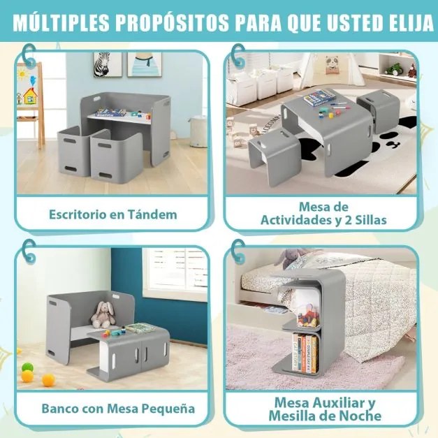 Mesa e cadeiras para crianças com tampo espesso e superfície lisa para casa, escola, jardim de infância 68,5 x 40 x 50 cm Cinzento