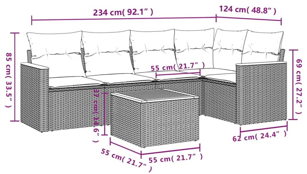 6 pcs conjunto sofás de jardim com almofadões vime cinzento
