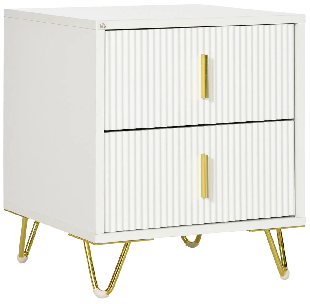 HOMCOM Mesa de Cabeceira com 2 Gavetas Mesa Auxiliar com Pés de Metal para Sala de Estar Dormitório 40x40x47 cm Branco e Dourado