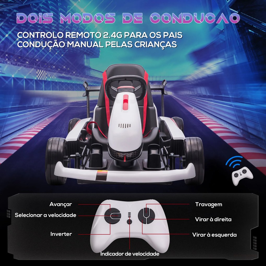 HOMCOM Kart Elétrico para Crianças de 4-8 Anos Go Kart Racing de Bateria 12V com Velocidade 3-6 km/h Controlo Remoto Música Buzina Carga Máxima 50kg 116x74x57,5cm Branco