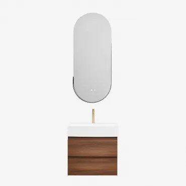 Conjunto De Móvel De Casa De Banho Em Madeira E Chapa De Freixo Com Lavatório Integrado Ona Madeira Escura & Ovalado Led E - Sklum
