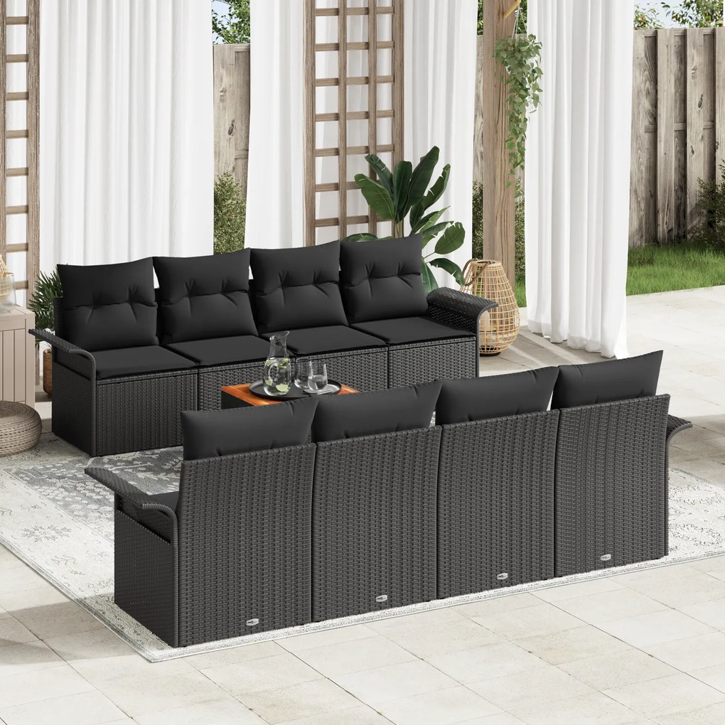 vidaXL Conjunto de Sofá de Jardim de 9 Peças com Almofadas Preto Polirattan Teca