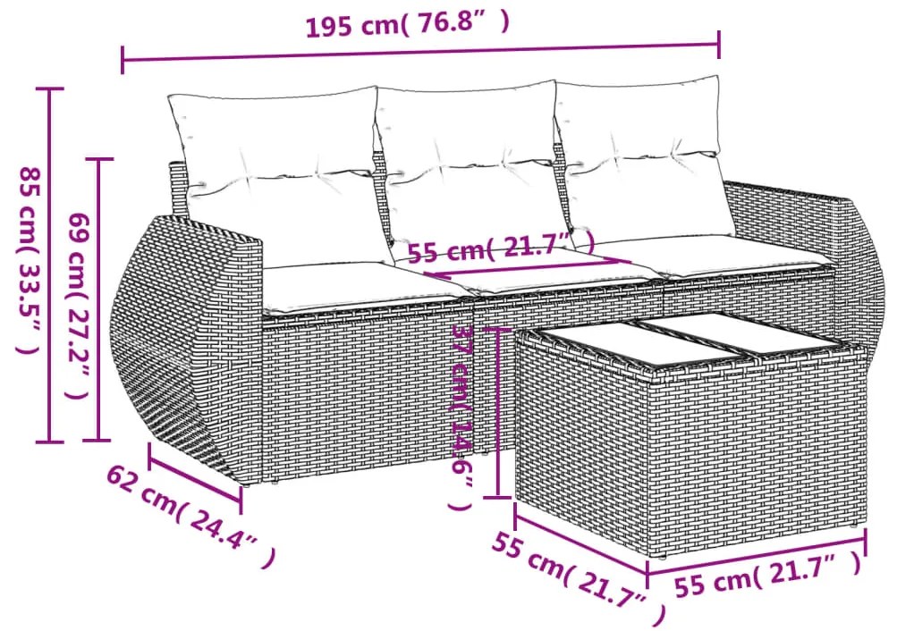 4 pcs conjunto sofás de jardim c/ almofadões vime PE cinzento