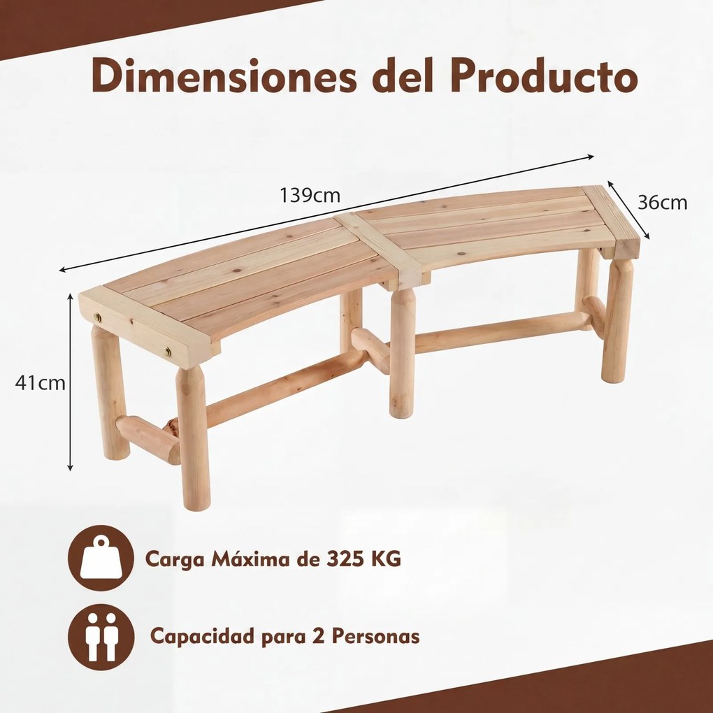 Banco de Jardim Curvo para 2 Pessoas, 139 x 36 x 41 cm, Madeira Carbonizada, Castanho