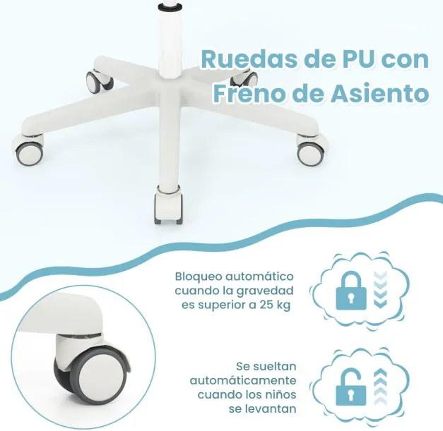 Cadeira giratória de escritório para crianças com altura ajustável, rodas com travão e braços lisos 57 x 57 x 80-92 cm Cinzento