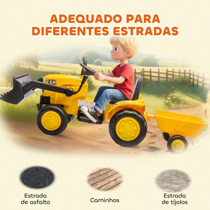 Trator Elétrico para Crianças com Reboque e Pá 12V Motor Duplo Luzes Música Conexão Sem Fios USB 146x58x58,5 cm Amarelo