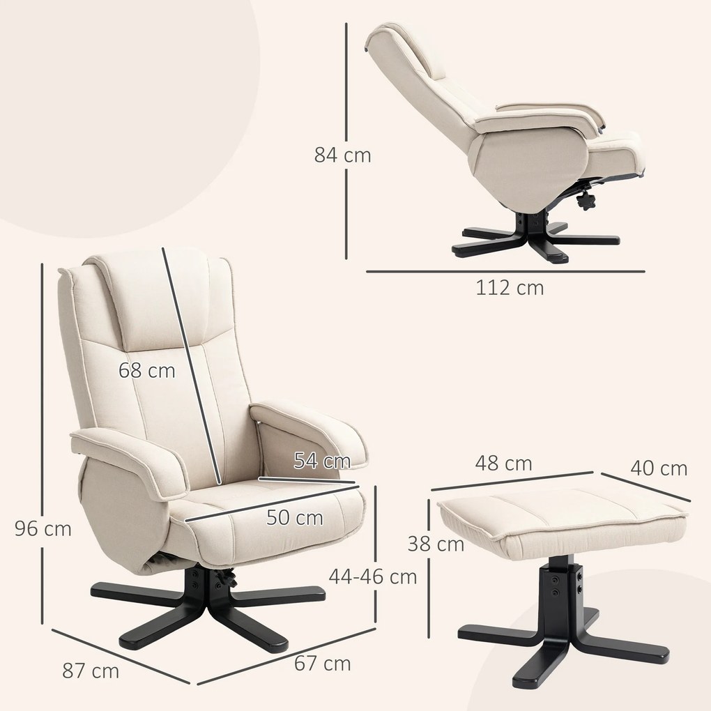 Poltrona Relax Reclinável com Apoio para os Pés Poltrona Giratória Estofada em Linho e Função Baloiço 67x87x96 cm Bege