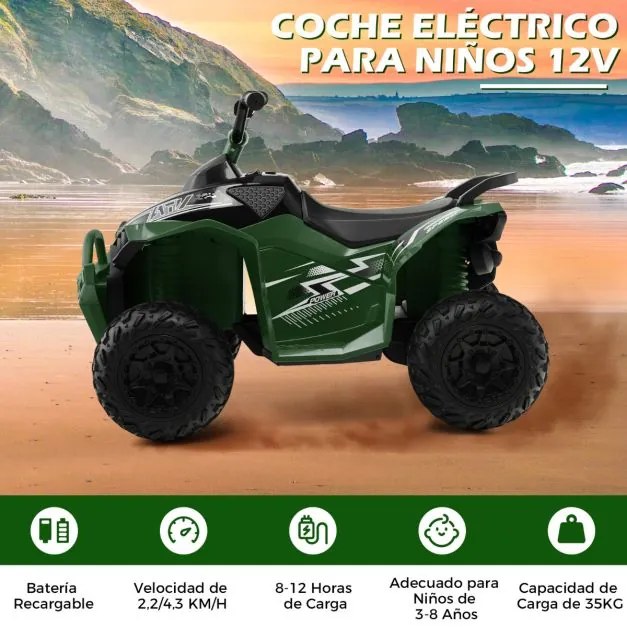 Moto 4 eléctrica para crianças com bateria de 12 V, velocidade alta/baixa, assento confortável, rodas largas, faróis, buzina, música Verde