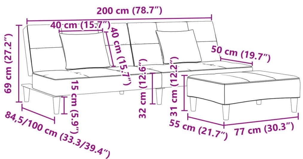 Sofá-cama 2 lugares c/ apoio de pés veludo cinzento-escuro