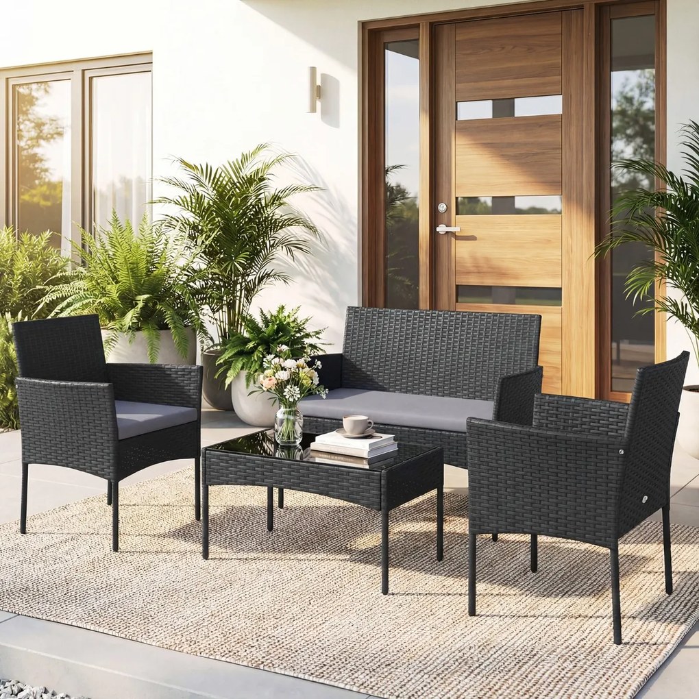 Conjunto de jardim em rattan de 4 peças, com 2 poltronas, sofá de 2 lugares, mesa auxiliar e almofadas de espuma, para alpendre, pátio ou terraço, Pre