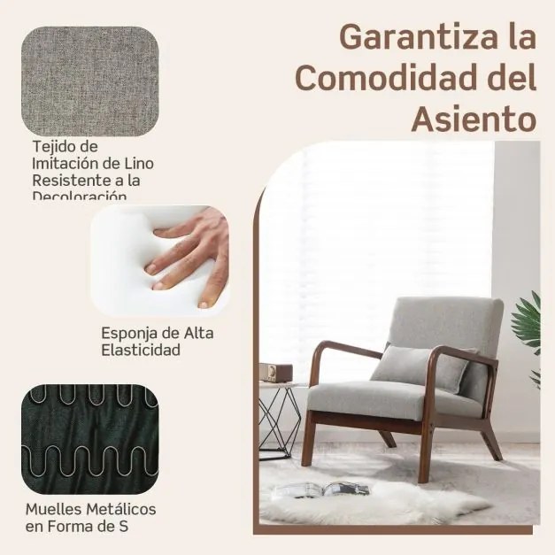 Poltrona Moderna com Estrutura em Madeira de Borracha Almofada Lombar Encosto Antiderrapante Almofadas Cinzenta