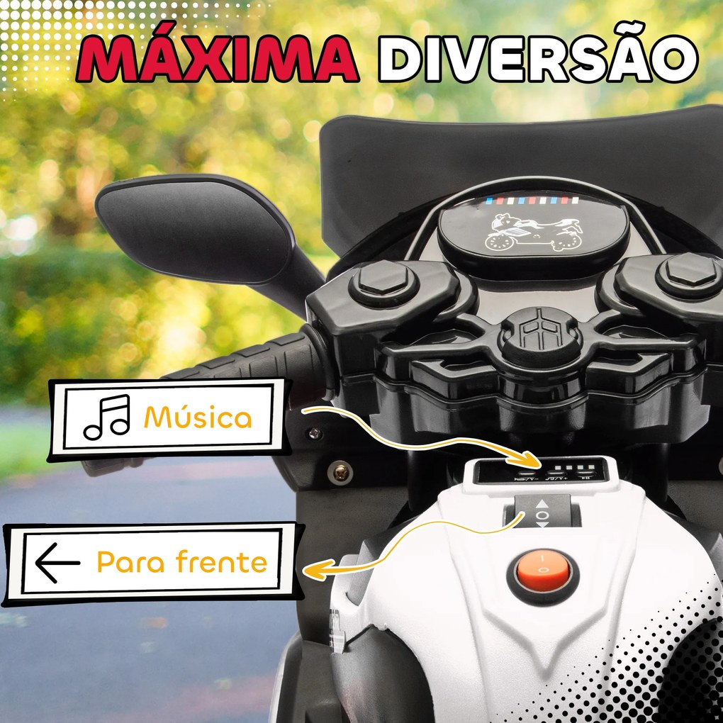 Mota Elétrica para Crianças 6V com Rodas de Apoio Música e Farol para Crianças de 18-36 Meses 77x38x50 cm Branco