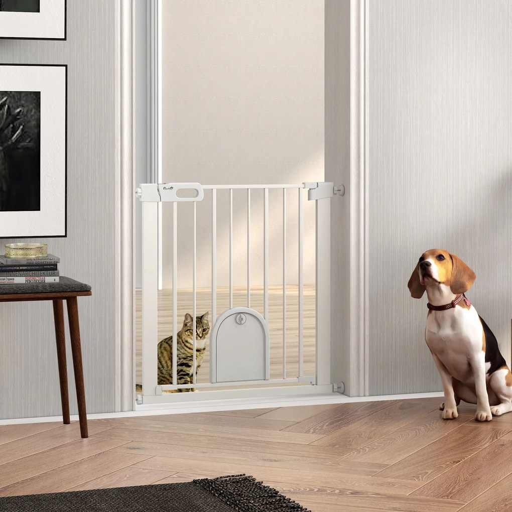 Barreira de segurança para animais com porta de fecho automático e sistema de duplo bloqueio, em aço branco