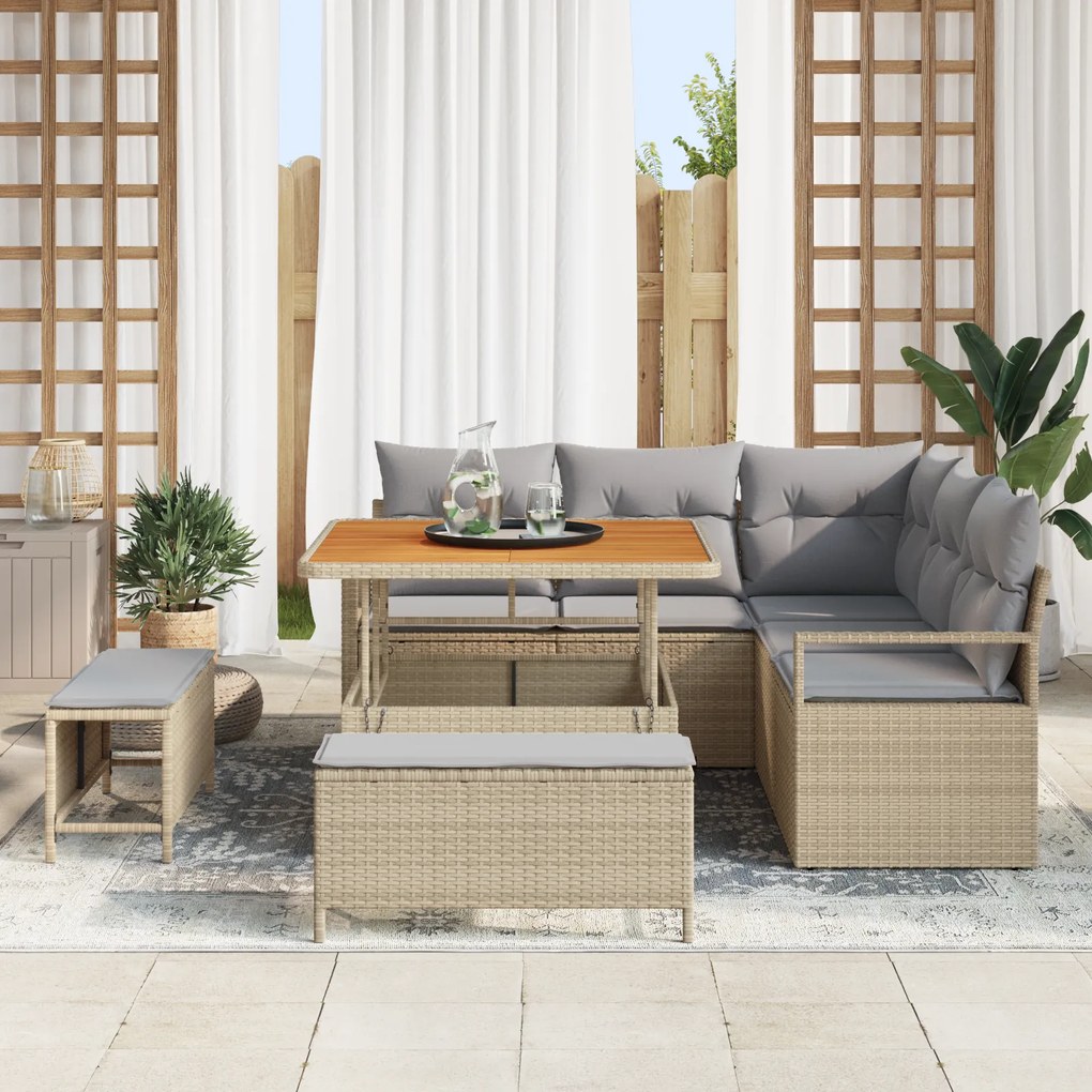 Conjunto de Sofá de Jardim vidaXL 8 Peças com Almofadas Bege Rattan Si