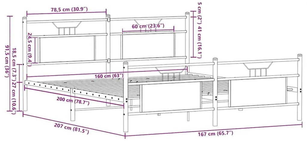 Estrutura cama sem colchão 160x200 cm metal carvalho castanho