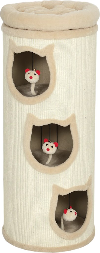 PawHut Barril Arranhador para Gatos 4 Níveis Ø38x96 cm, com 3 Tocas, Cama Superior Lavável, Sisal e 3 Brinquedos, Creme | Aosom Portugal