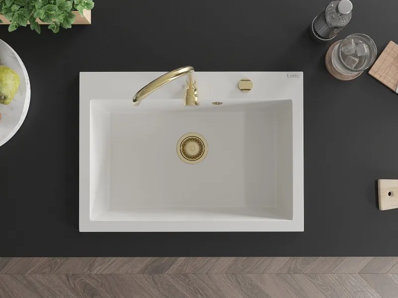 Mexen Elix lava-loiça de granito de 1 bacia 700 x 500 mm, branco, sifão dourado - 6526701005-20-G