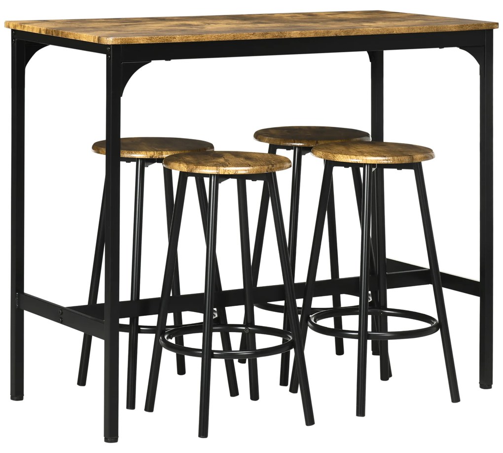 Conjunto de Móveis Altos de Bar com 5 Peças Mesa de Refeição Industrial e 4 Bancos Redondos Castanho Rústico e Preto