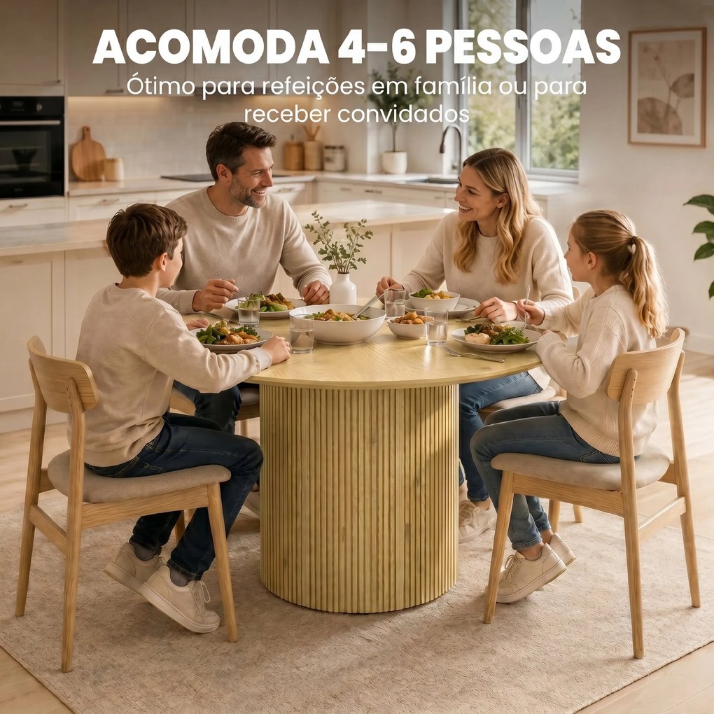 Mesa de Jantar Redonda Moderna 110x110x75 cm (CxLxA) para 4-6 Pessoas (CADEIRAS NÃO INCLUIDAS) com Base Cilíndrica Canelada Carvalho