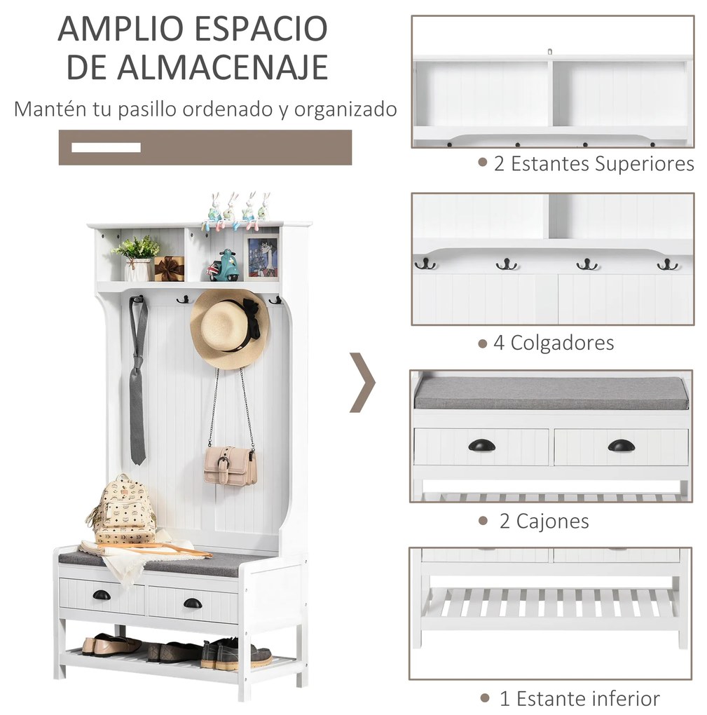 HOMCOM Cabide Sapateira com banco 4 ganchos 2 compartimentos abertos 2 gavetas removíveis e prateleira inferior moderna para corredor entrada 87x42x172 cm Branco