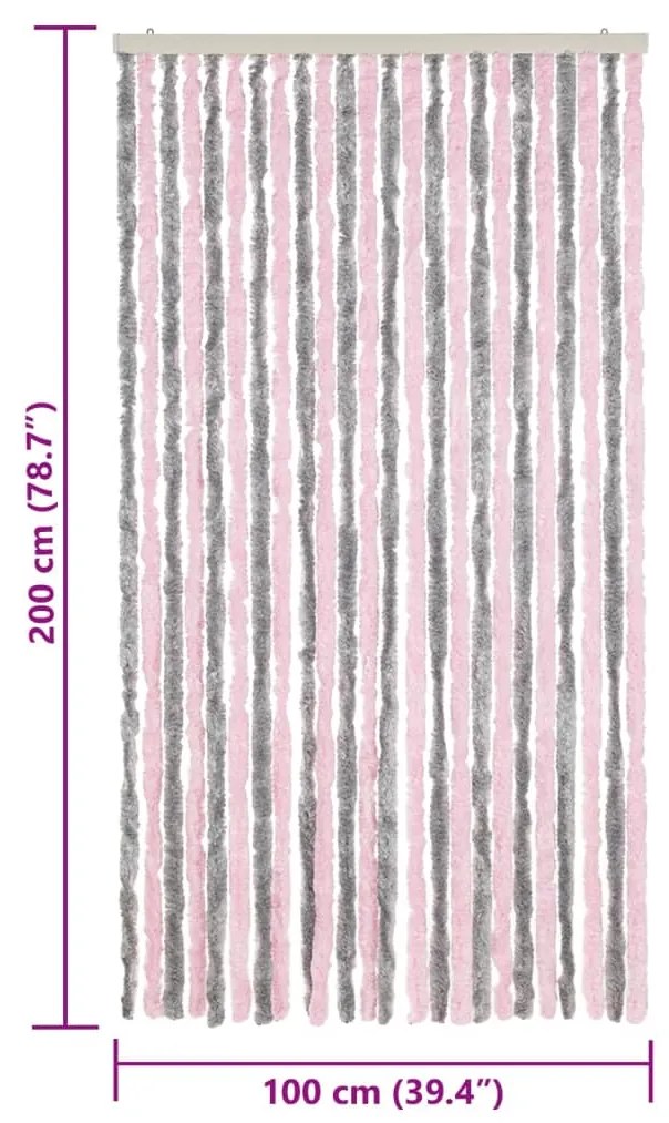 Cortina anti-insetos 100x200 cm chenille cinza-prateado e rosa