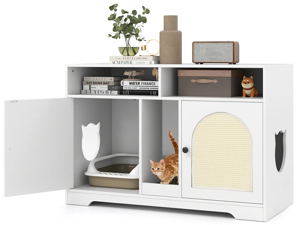 Caixa de areia para gatos com compartimentos duplos e 2 tapetes arranhadores de sisal - Branco