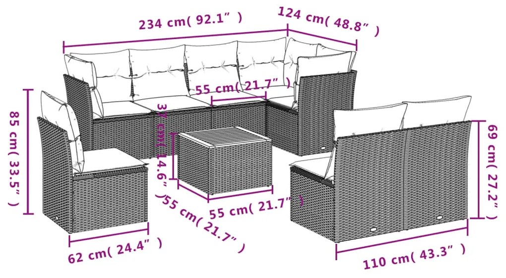 9 pcs conjunto sofás p/ jardim com almofadões vime PE cinzento