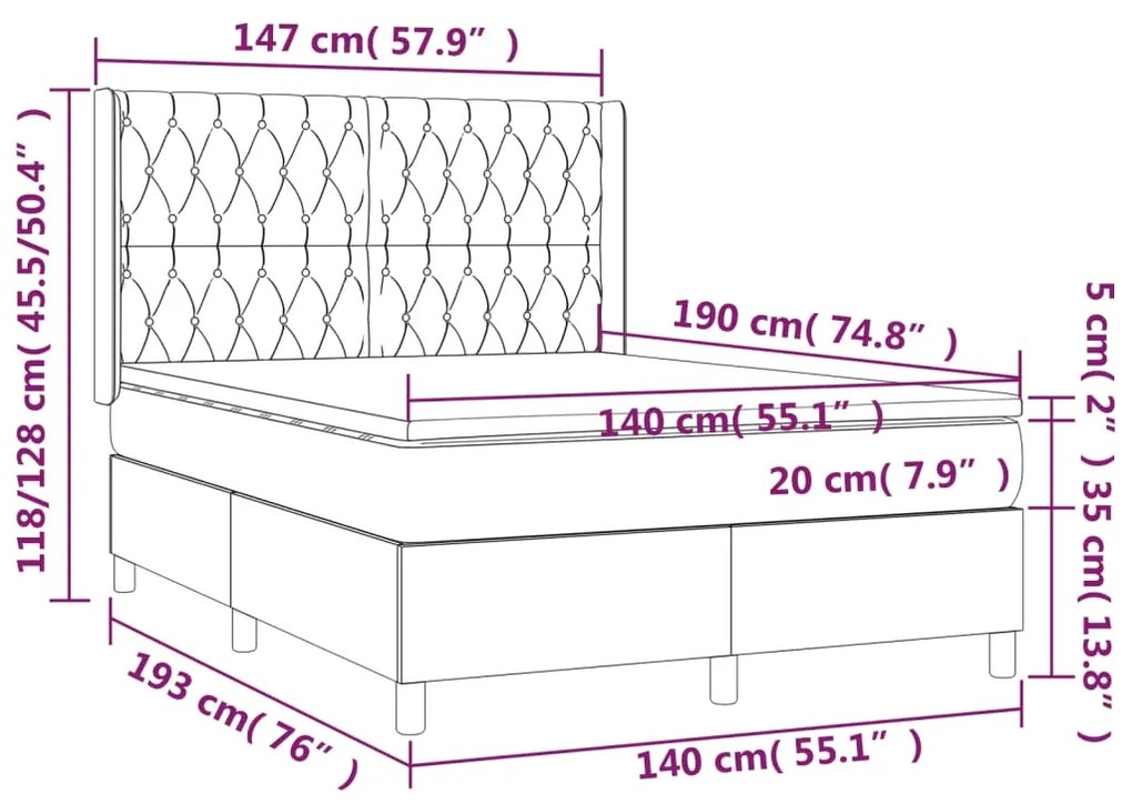 Cama box spring c/ colchão e LED 140x190 cm tecido azul