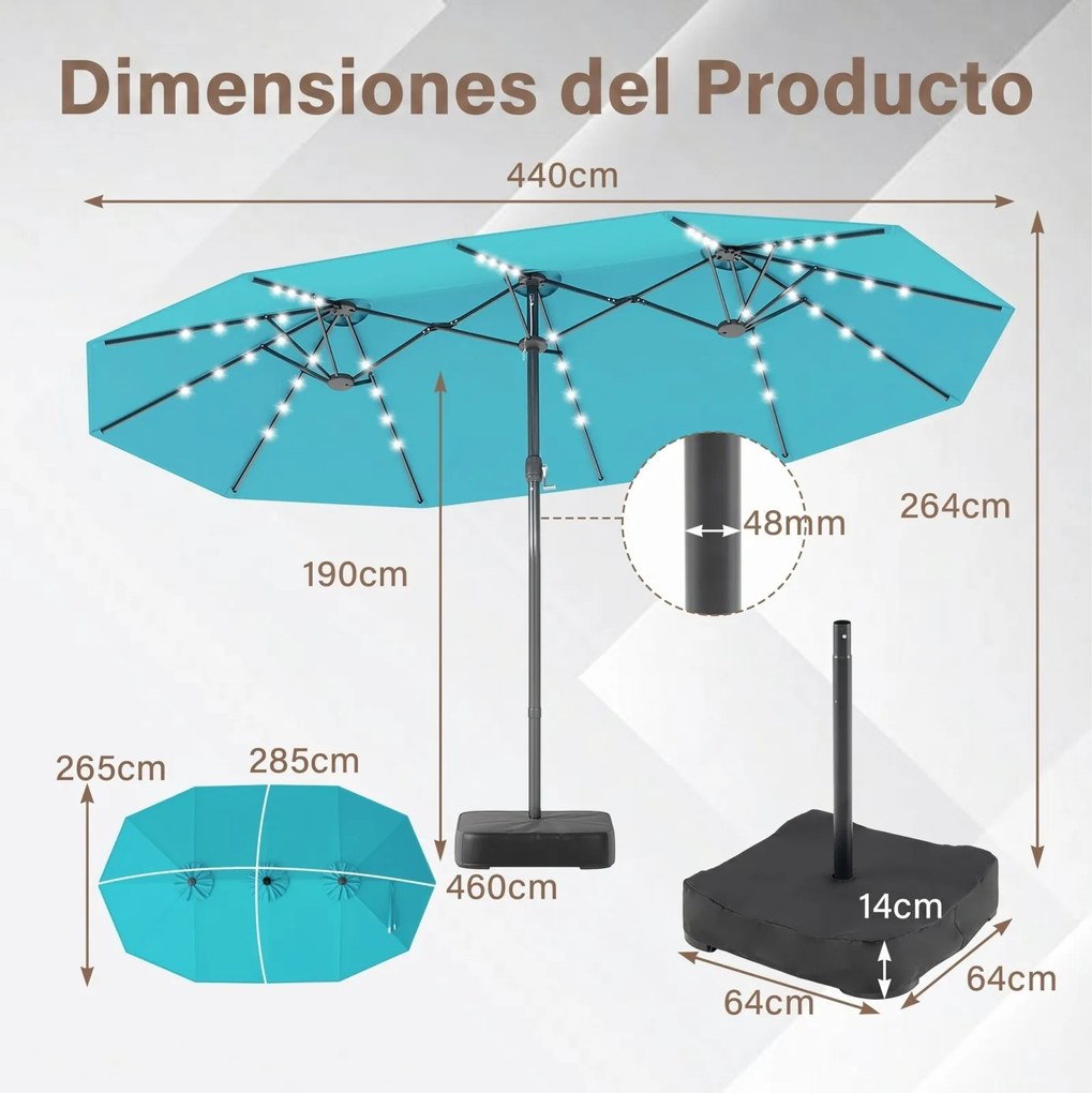 Guarda-sol duplo 460 x 285 cm com 48 luzes LED, 3 aberturas de ventilação, 12 varas, base e manivela para jardim, terraço e piscina – Turquesa