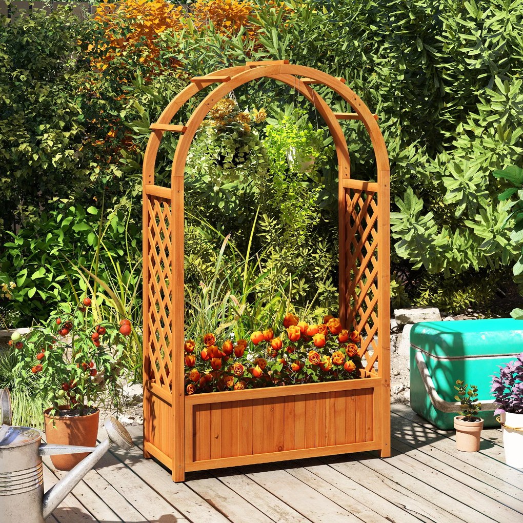 Floreira elevada com treliça em em arco 83 x 36 x 146 cm, drenagem e caixa de madeira elevada para trepadeiras, ervas e vegetais. Castanho avermelhado