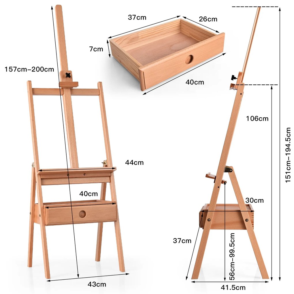 Cavalete de desenho Tripé com gaveta em madeira 100% faia para telas até 92 cm para estudantes e adultos 44 x 41,5 x 151-194,5 cm