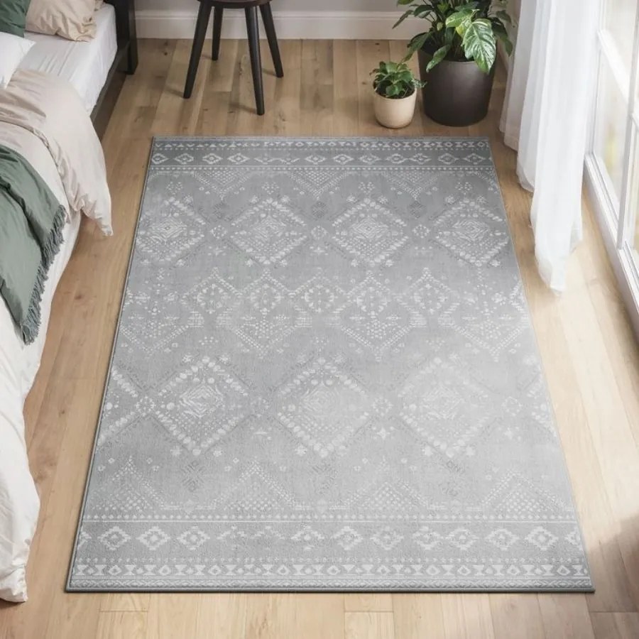 Tapete Boho 120 x 170 cm, lavável, felpudo, cinzento claro