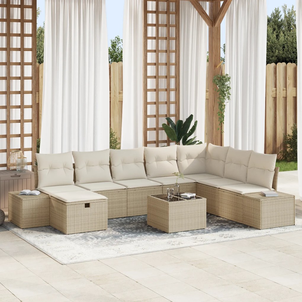 Conjunto de Sofá de Jardim de 9 Peças com Almofadas Bege de Rattan