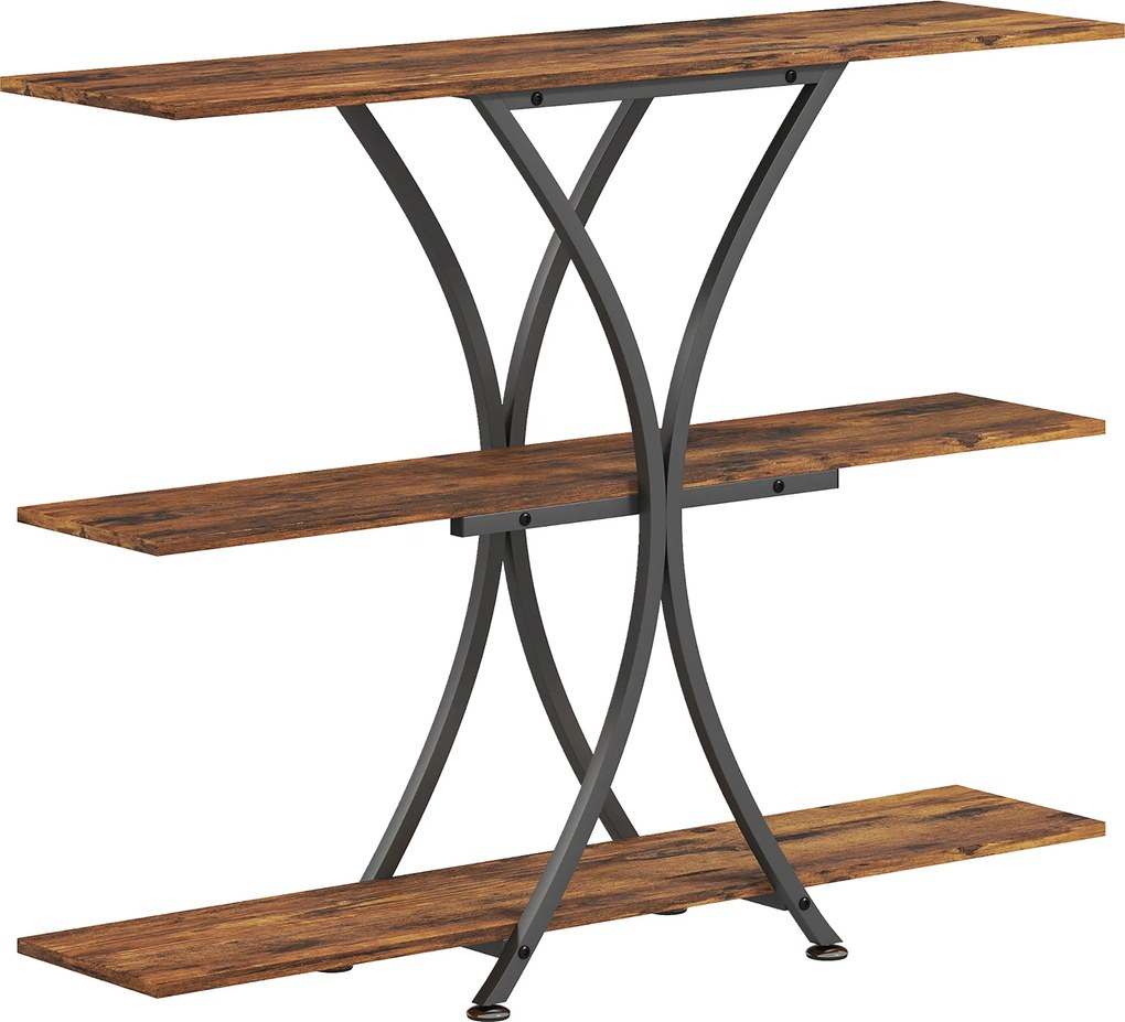 HOMCOM Mesa Consola de 3 Níveis Estilo Industrial com 2 Prateleiras Abertas e Estrutura Metálica em X Consola Estreita 110x30x91 cm Castanho Rústico | Aosom Portugal