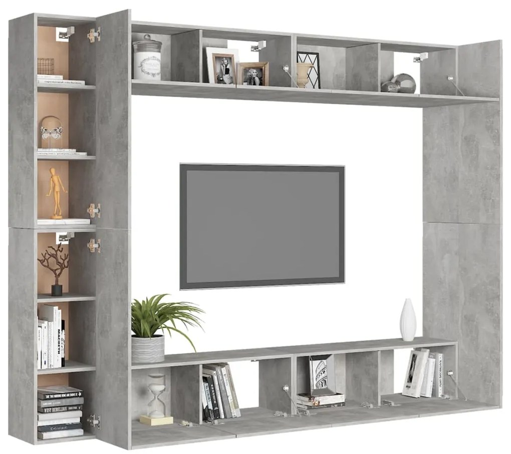 8 pcs conjunto de móveis de TV contraplacado cinzento cimento
