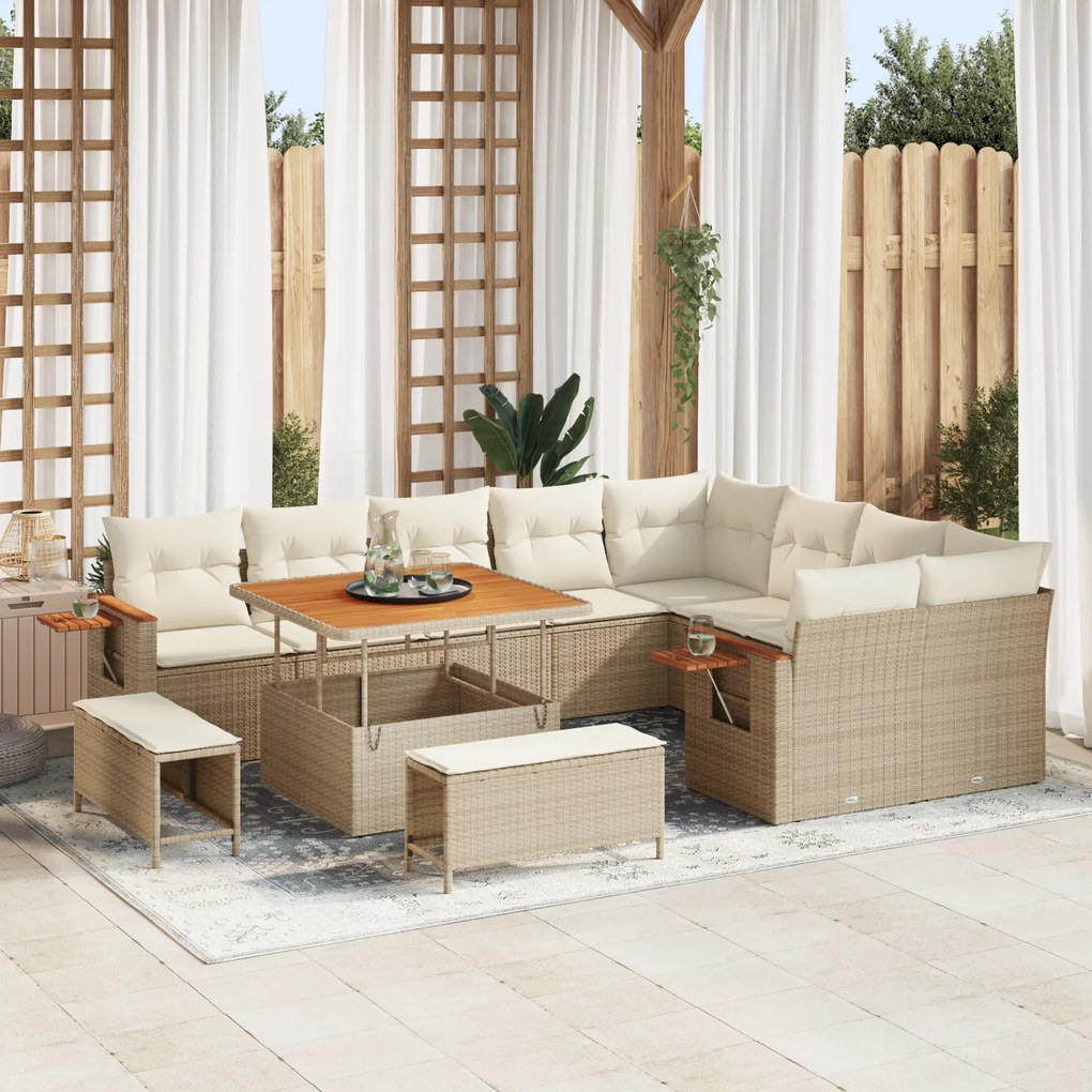 Conjunto de Sofá de Jardim vidaXL 12 Peças com Almofadas Bege Poly Rattan Acácia