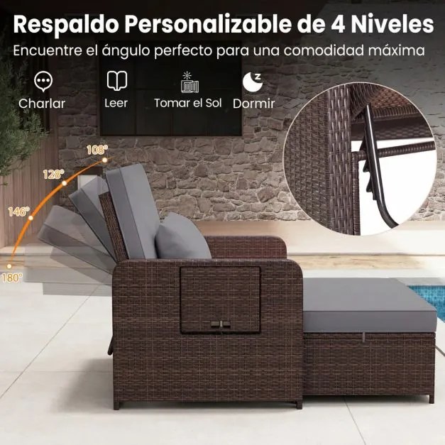 Cama de jardim ou conjunto de sofá de rattan para jardim, 2 peças, com pufe com espaço de arrumação, encosto ajustável e mesas dobráveis, cinzento