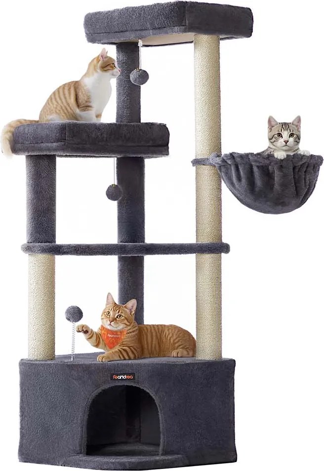 Arranhador para gatos 48,5 x 48,5 x 140,7 cm com uma grande caverna e várias áreas para brincar e descansar cinzento escuro