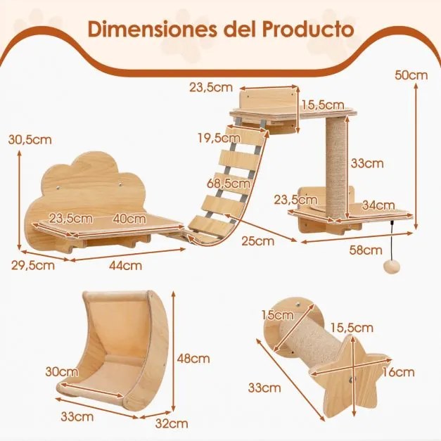 Conjunto de móveis de parede para gatos com 6 peças, rede, ponte em forma de árvore com 2 níveis e postes para arranhar natural