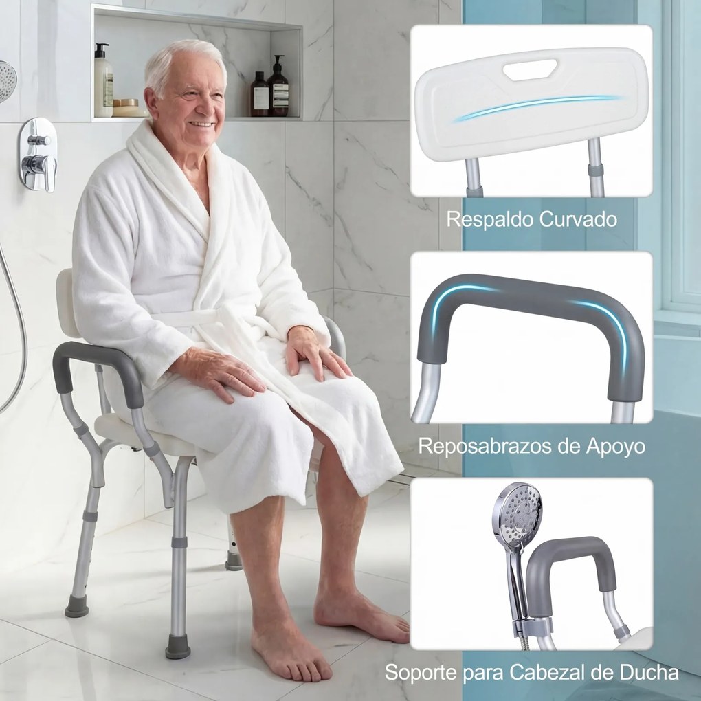 Cadeira de duche para idosos com altura ajustável em 6 níveis, assento antiderrapante, encosto curvo, braços almofadados e estrutura em alumínio branc