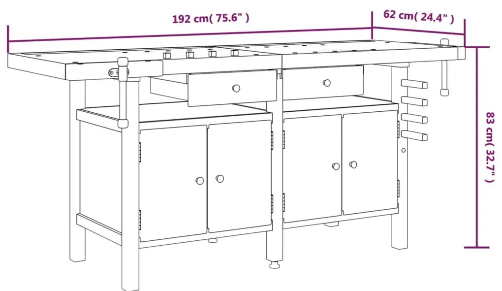 Bancada de trabalho + gavetas/tornos 192x62x83 cm acácia maciça