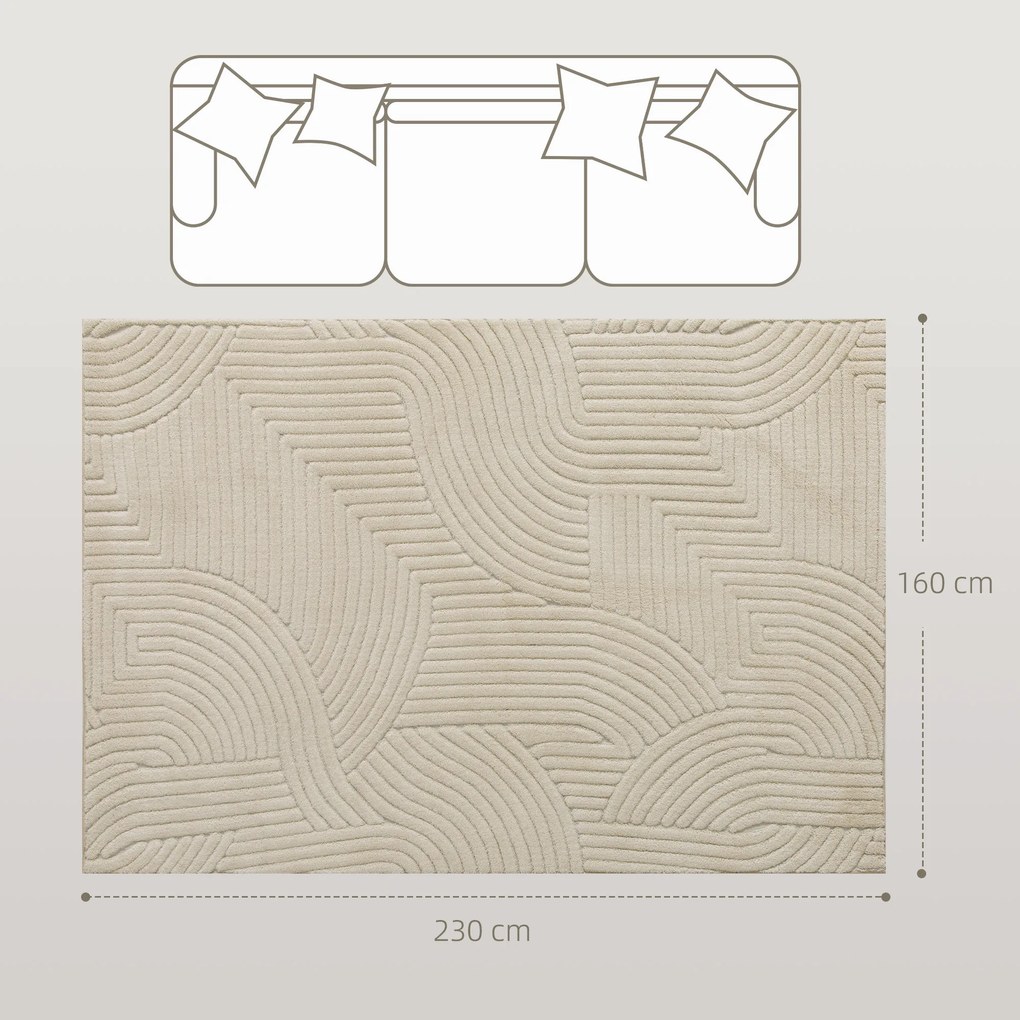 Tapete de sala 230 x 160 cm, tapete com pêlo espesso, padrão geométrico, macio e antiderrapante, cor creme