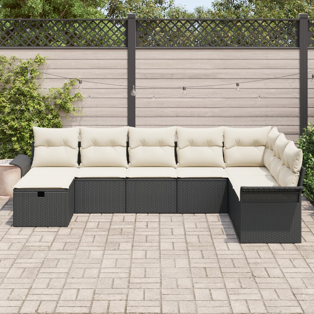 Conjunto de Sofá de Jardim com 8 Peças e Almofadas Preto Vime Poliéste