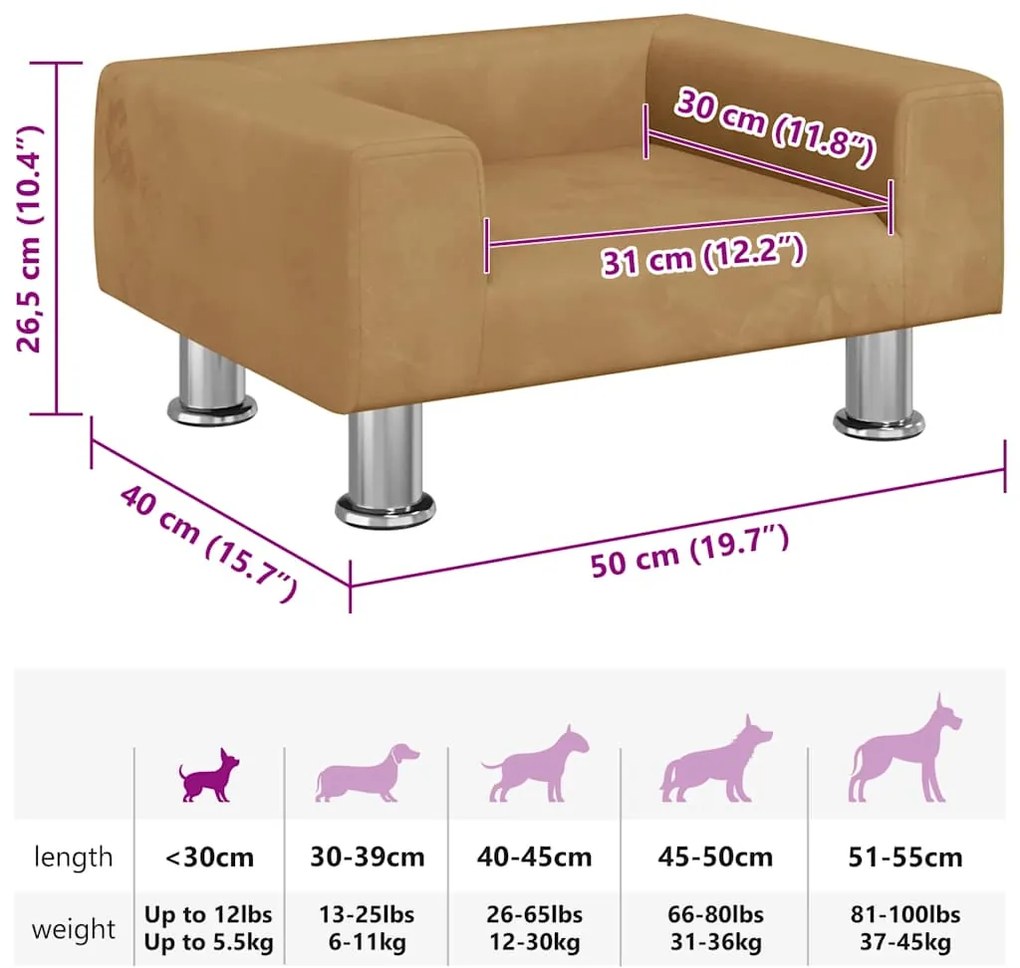 Cama para cães 50x40x26,5 cm veludo castanho