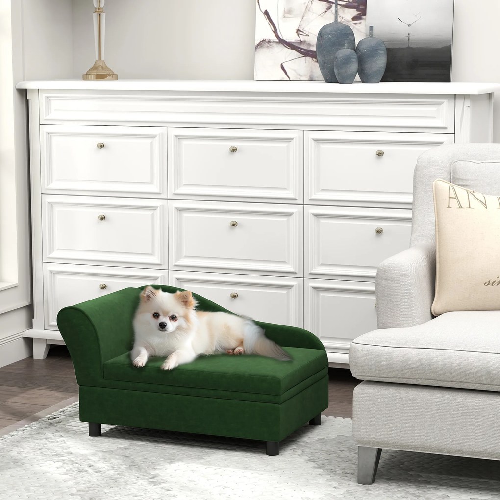 Cama para cães e gatos 76 x 45 x 43 cm com pés e baú de arrumação, estilo moderno, almofada de assento removível, verde