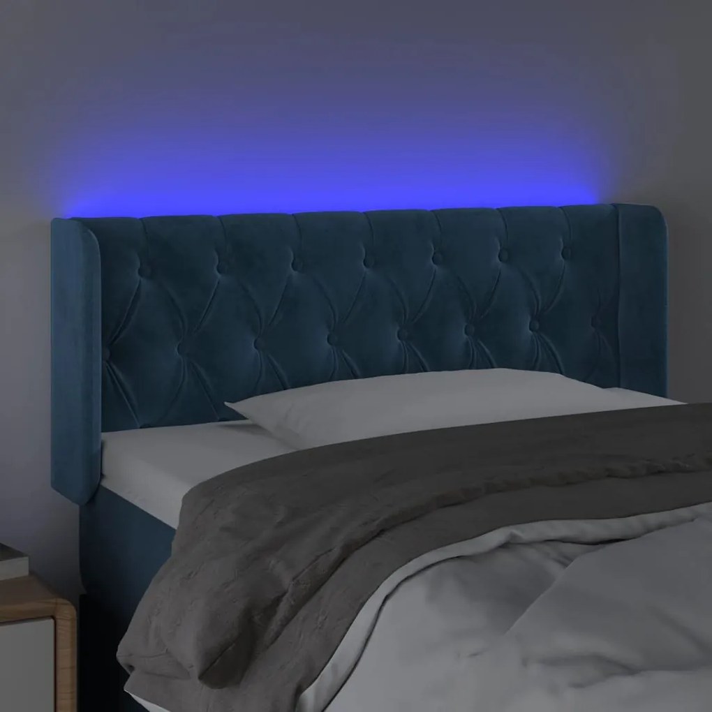 Cabeceira cama c/ luzes LED veludo 103x16x78/88 cm azul-escuro