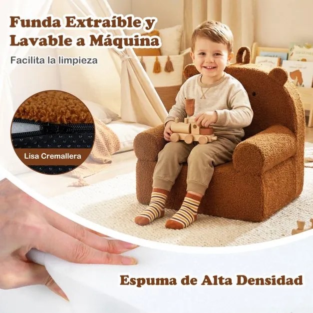 Sofá infantil em pelo macia com encosto largo e braços, capa removível e lavável, enchimento em espuma, para o quarto do bebé ou sala de estar Castanh